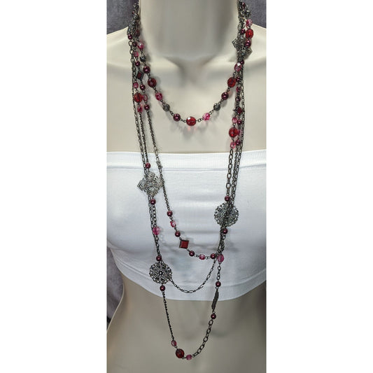 Vintage Venezia Jeans Multi-Strand Long Necklace With Red And Pink Beads And Floral Accents