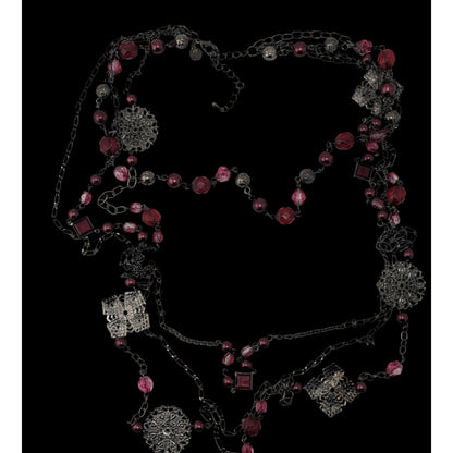 Vintage Venezia Jeans Multi-Strand Long Necklace With Red And Pink Beads And Floral Accents