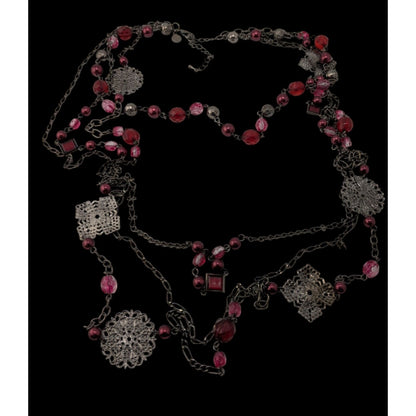Vintage Venezia Jeans Multi-Strand Long Necklace With Red And Pink Beads And Floral Accents