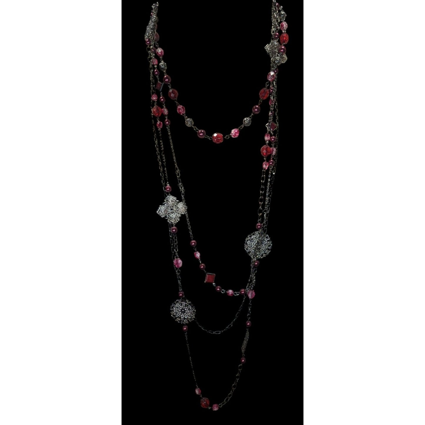 Vintage Venezia Jeans Multi-Strand Long Necklace With Red And Pink Beads And Floral Accents