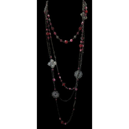 Vintage Venezia Jeans Multi-Strand Long Necklace With Red And Pink Beads And Floral Accents
