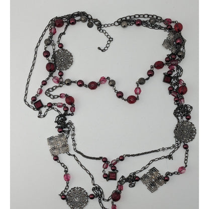 Vintage Venezia Jeans Multi-Strand Long Necklace With Red And Pink Beads And Floral Accents