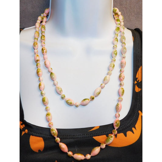 Spring Themed Pink And Green Abstract Beaded Necklace