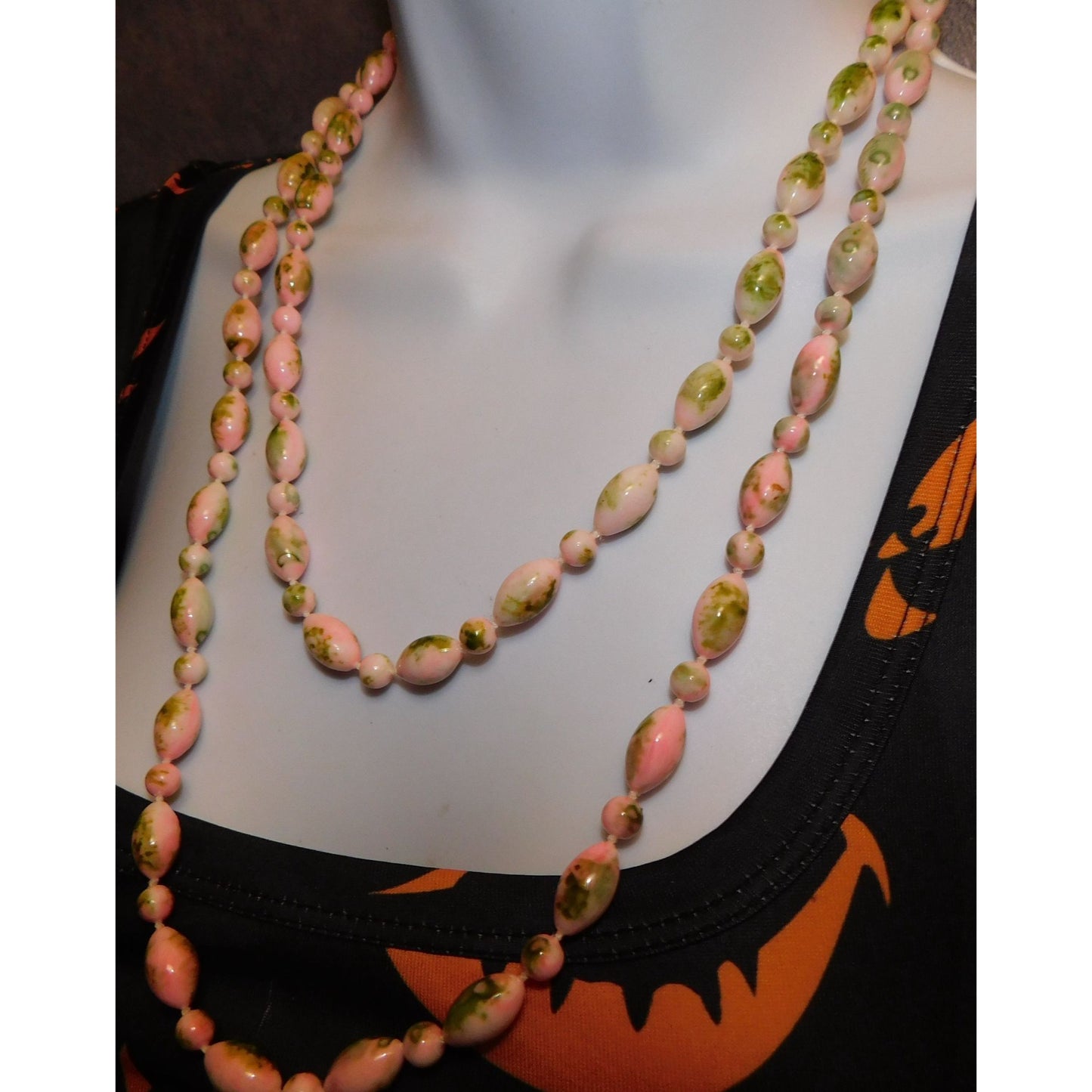 Spring Themed Pink And Green Abstract Beaded Necklace