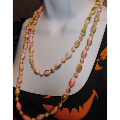 Spring Themed Pink And Green Abstract Beaded Necklace