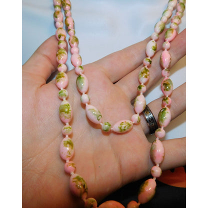 Spring Themed Pink And Green Abstract Beaded Necklace