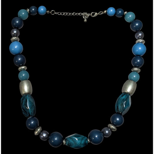 Blue And Silver Casual Chunky Beaded Necklace