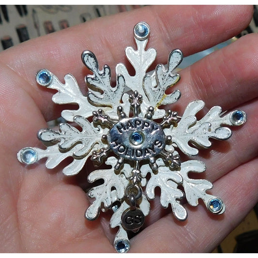 Vintage White Snowflake Brooch With Silver Tone And Blue Accents