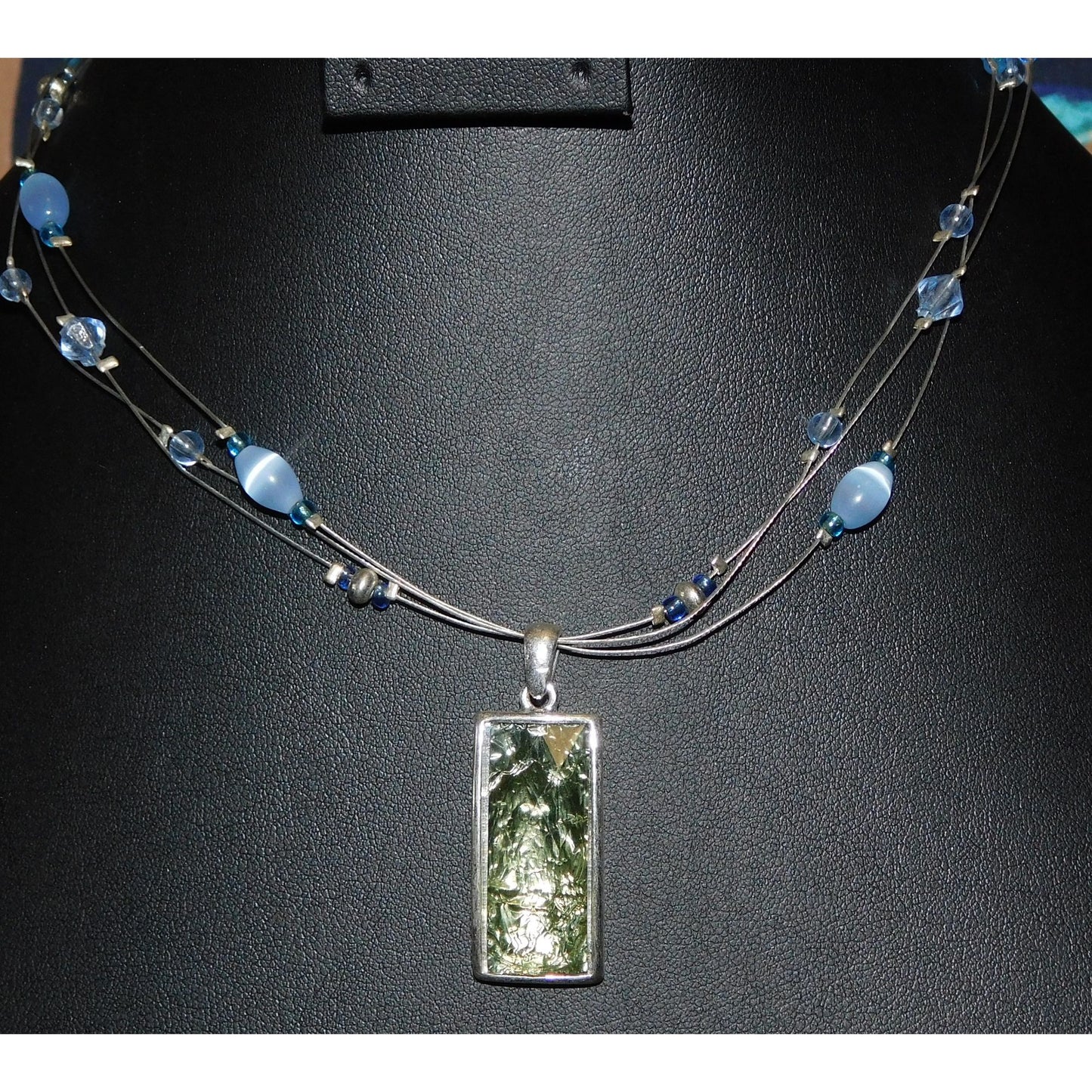 Unique Foil Crackle Pendant And Blue Glass Beaded Necklace