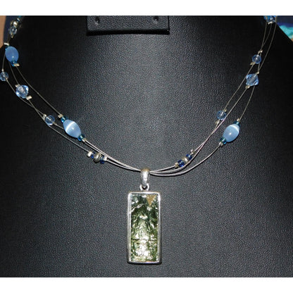 Unique Foil Crackle Pendant And Blue Glass Beaded Necklace