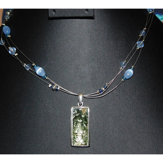 Unique Foil Crackle Pendant And Blue Glass Beaded Necklace