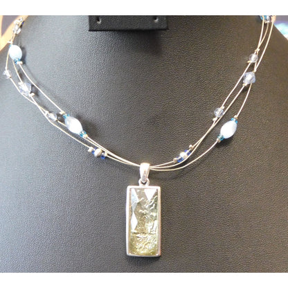 Unique Foil Crackle Pendant And Blue Glass Beaded Necklace
