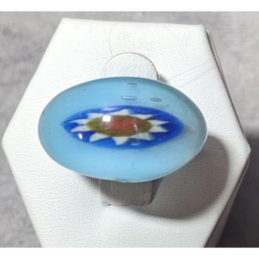 Vintage Hand Blown Blue Floral Glass Ring Size 6 3/4