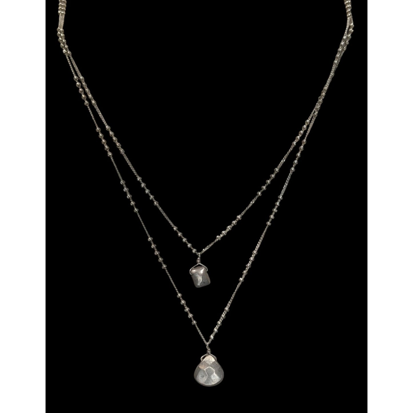 Bohemian Minimalist Layered Silver Tome Necklace With Hammered Pendants & Studded Chain