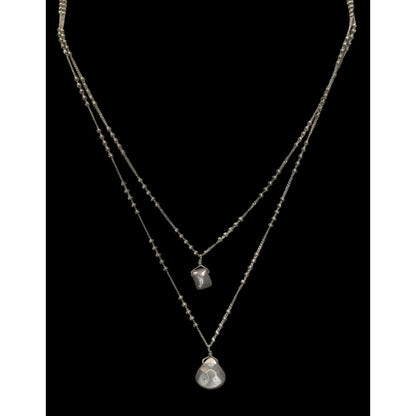 Bohemian Minimalist Layered Silver Tome Necklace With Hammered Pendants & Studded Chain