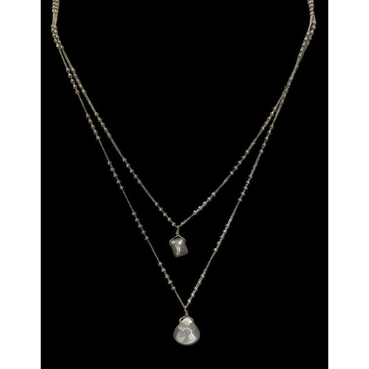 Bohemian Minimalist Layered Silver Tome Necklace With Hammered Pendants & Studded Chain
