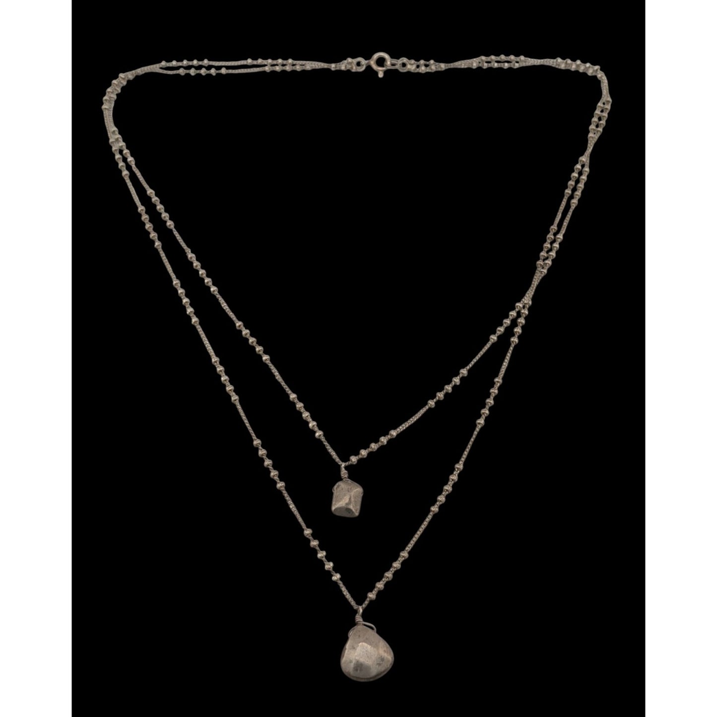 Bohemian Minimalist Layered Silver Tome Necklace With Hammered Pendants & Studded Chain