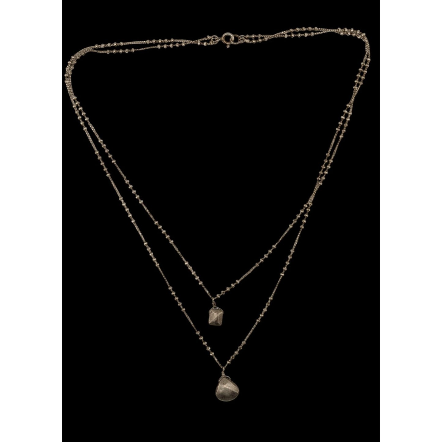 Bohemian Minimalist Layered Silver Tome Necklace With Hammered Pendants & Studded Chain