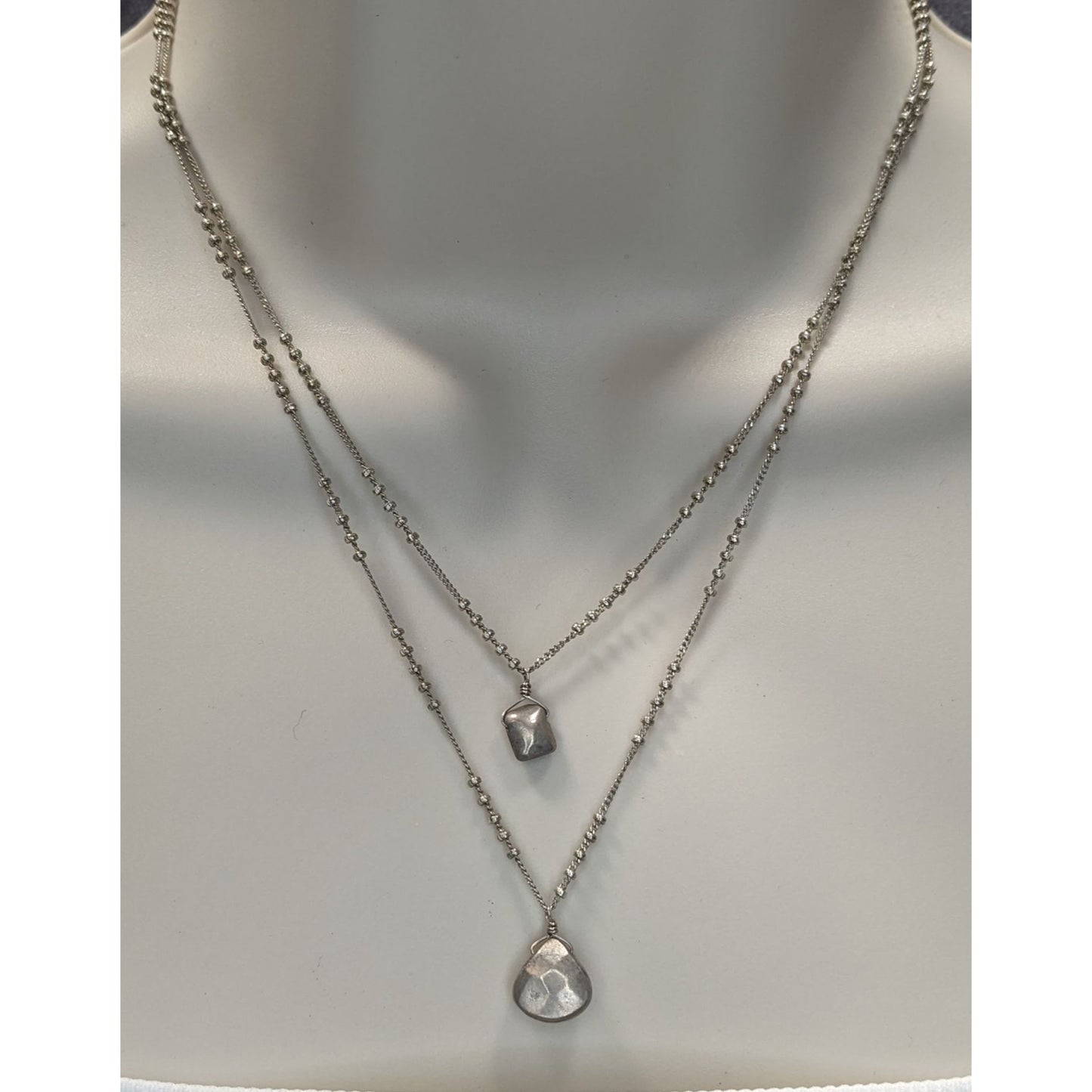 Bohemian Minimalist Layered Silver Tome Necklace With Hammered Pendants & Studded Chain