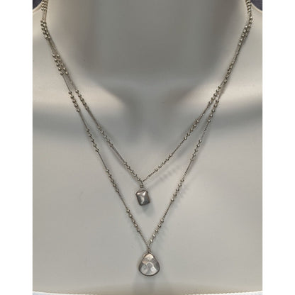Bohemian Minimalist Layered Silver Tome Necklace With Hammered Pendants & Studded Chain