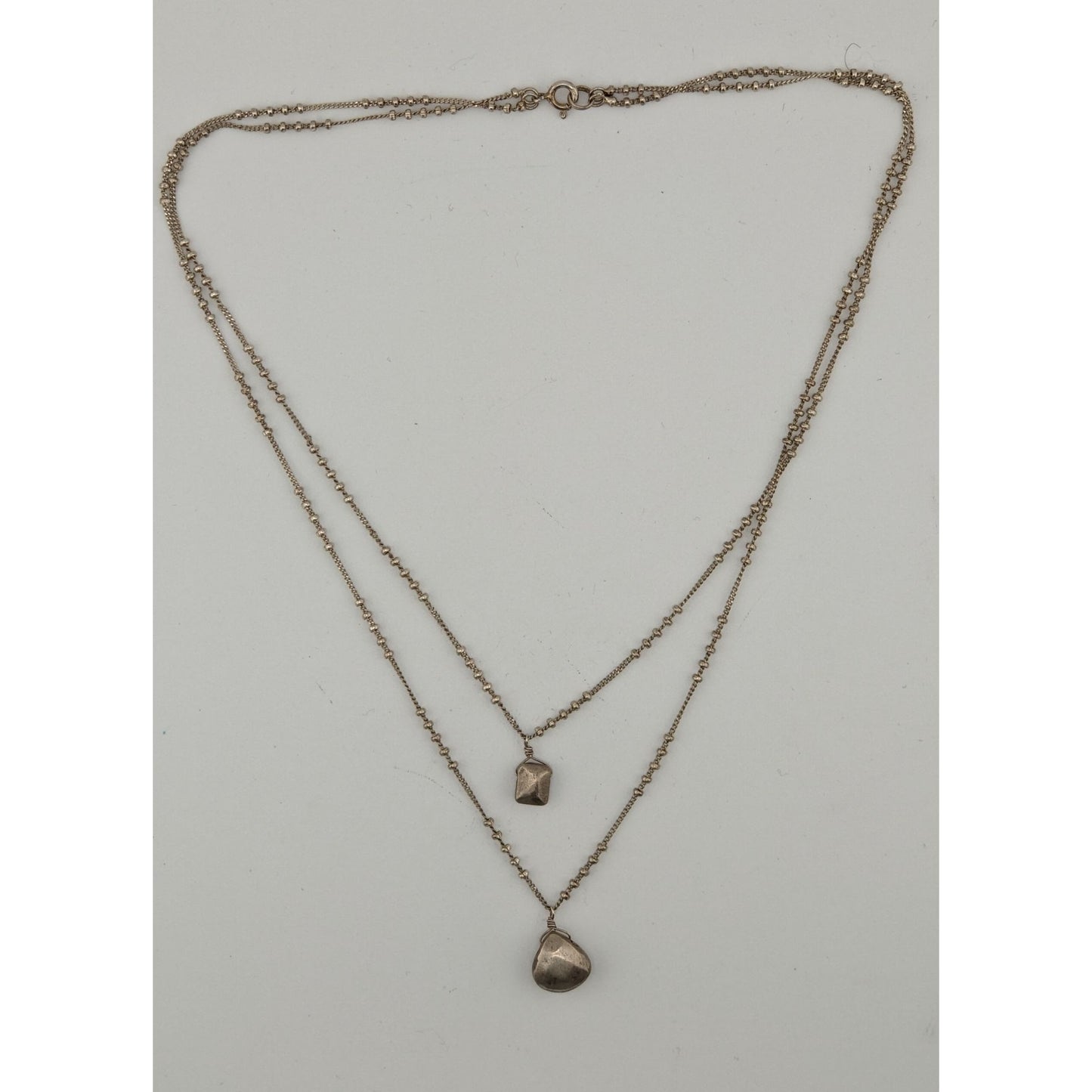 Bohemian Minimalist Layered Silver Tome Necklace With Hammered Pendants & Studded Chain