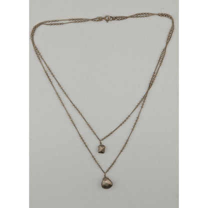Bohemian Minimalist Layered Silver Tome Necklace With Hammered Pendants & Studded Chain