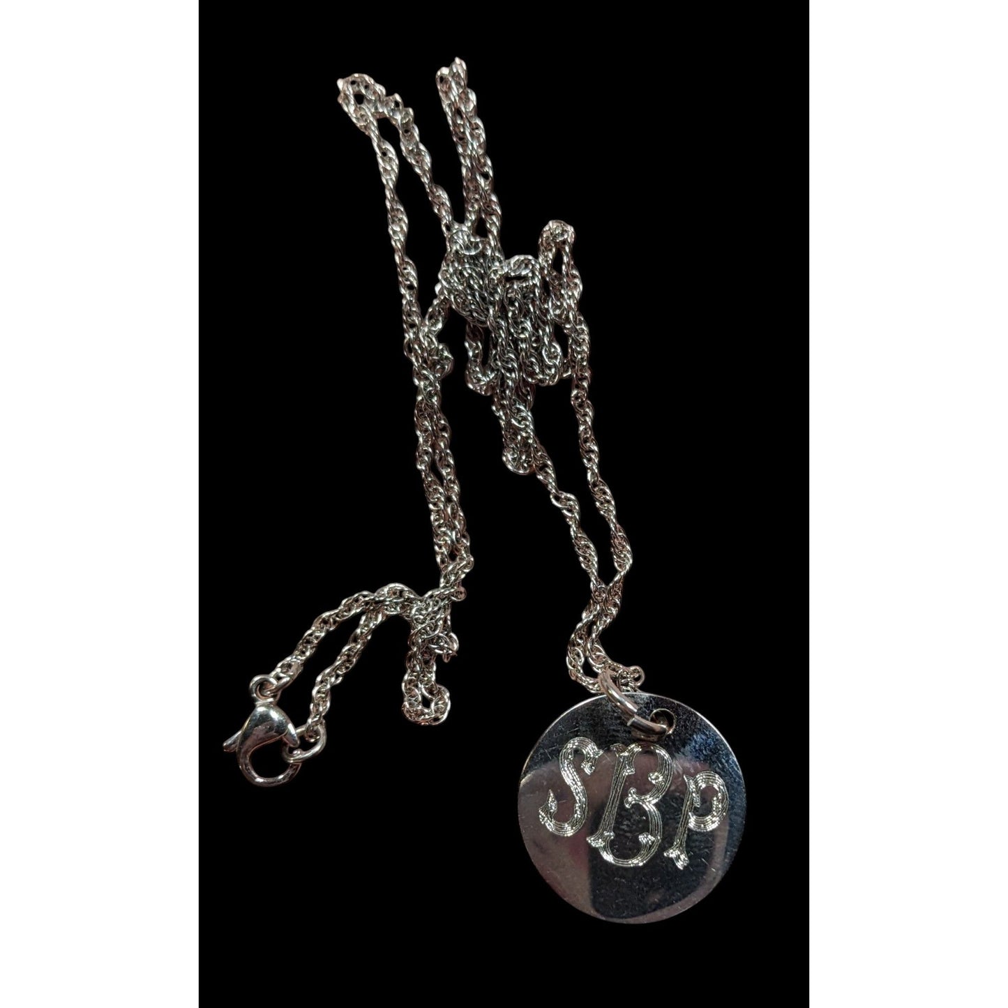 SBP Engraved Monogram Silver Tone Pendant Necklace