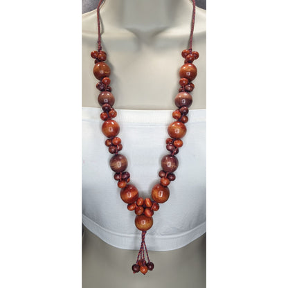 Boho Earthy Retro Vintage Dyed Polished Wood Beaded Lariat Necklace