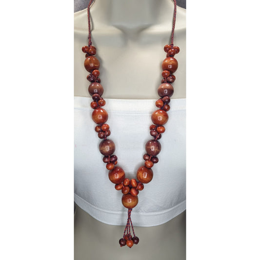 Boho Earthy Retro Vintage Dyed Polished Wood Beaded Lariat Necklace
