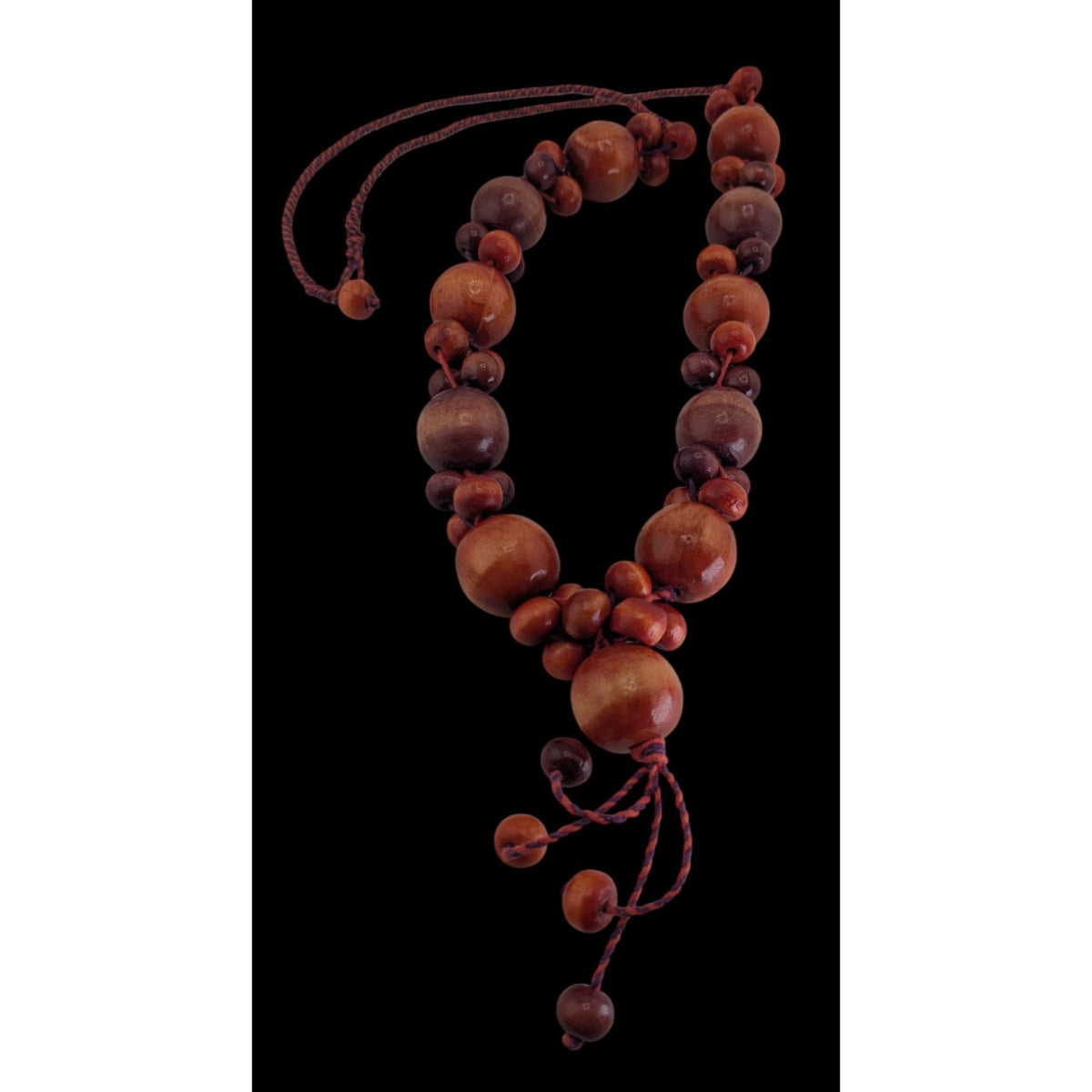 Boho Earthy Retro Vintage Dyed Polished Wood Beaded Lariat Necklace