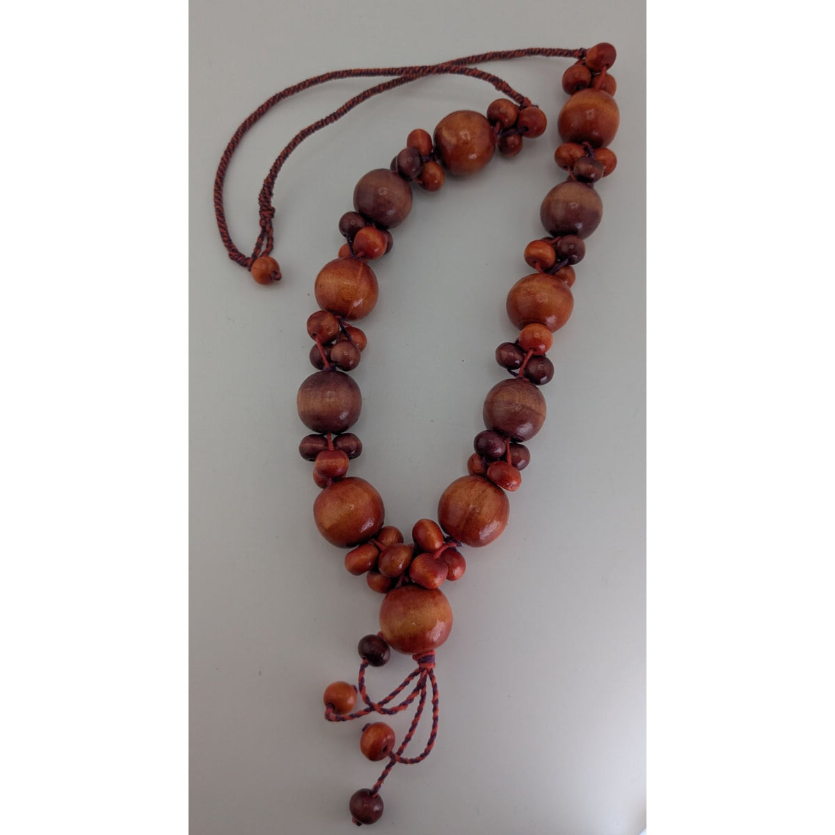 Boho Earthy Retro Vintage Dyed Polished Wood Beaded Lariat Necklace