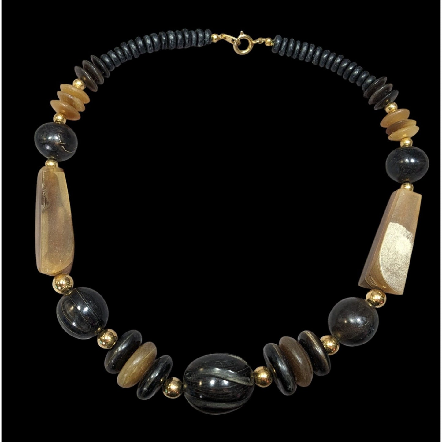 Vintage Rustic Carved Brown Black And Gold Tone Necklace