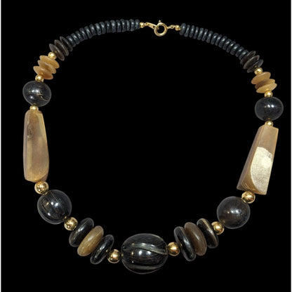 Vintage Rustic Carved Brown Black And Gold Tone Necklace