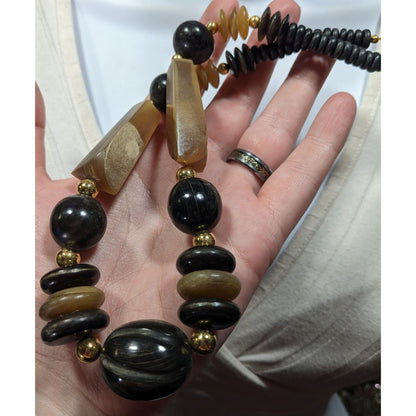 Vintage Rustic Carved Brown Black And Gold Tone Necklace