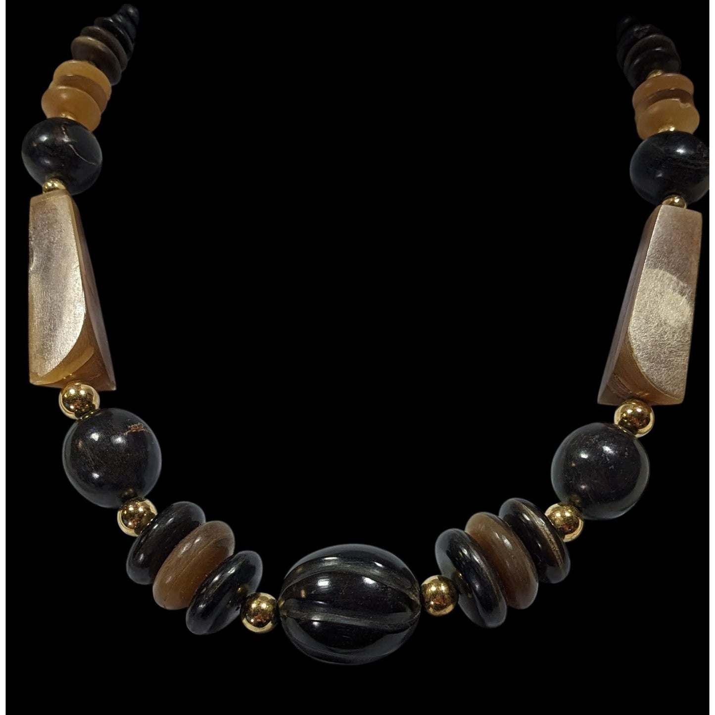 Vintage Rustic Carved Brown Black And Gold Tone Necklace