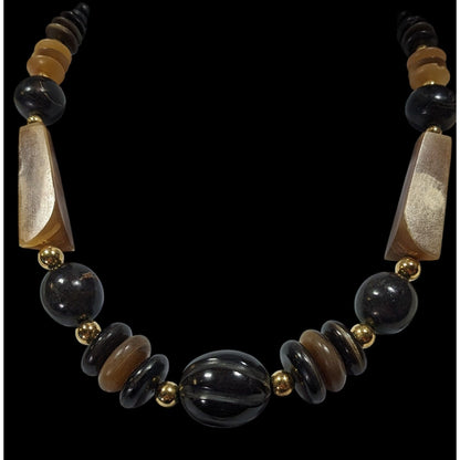 Vintage Rustic Carved Brown Black And Gold Tone Necklace