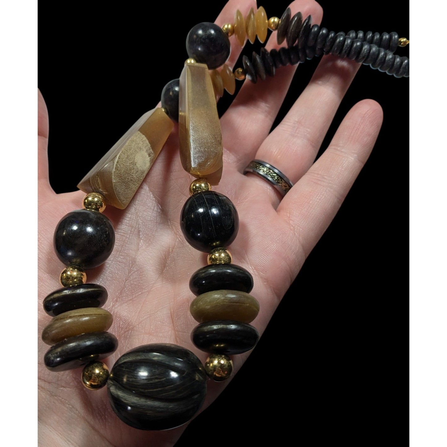Vintage Rustic Carved Brown Black And Gold Tone Necklace