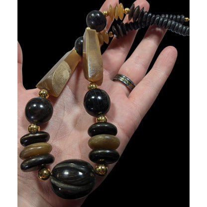 Vintage Rustic Carved Brown Black And Gold Tone Necklace