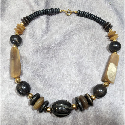 Vintage Rustic Carved Brown Black And Gold Tone Necklace