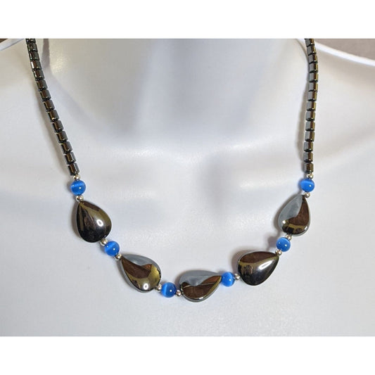 Hematite And Blue Glass Beaded Necklace With Teardrop Accents