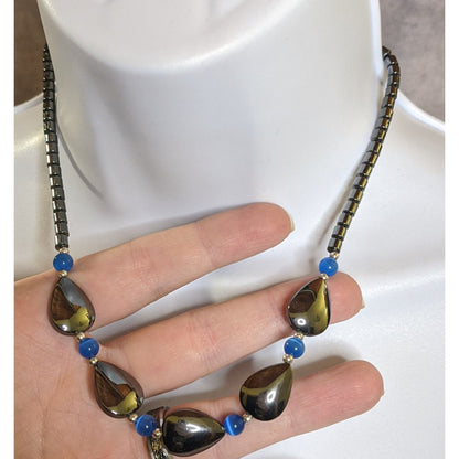 Hematite And Blue Glass Beaded Necklace With Teardrop Accents