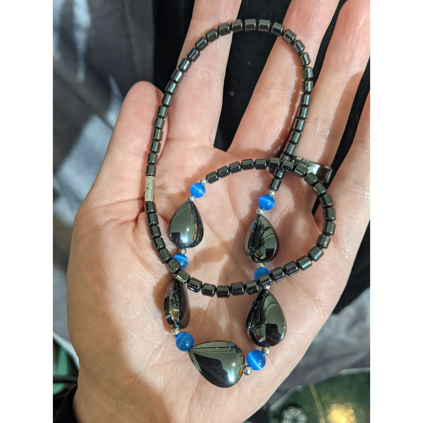 Hematite And Blue Glass Beaded Necklace With Teardrop Accents