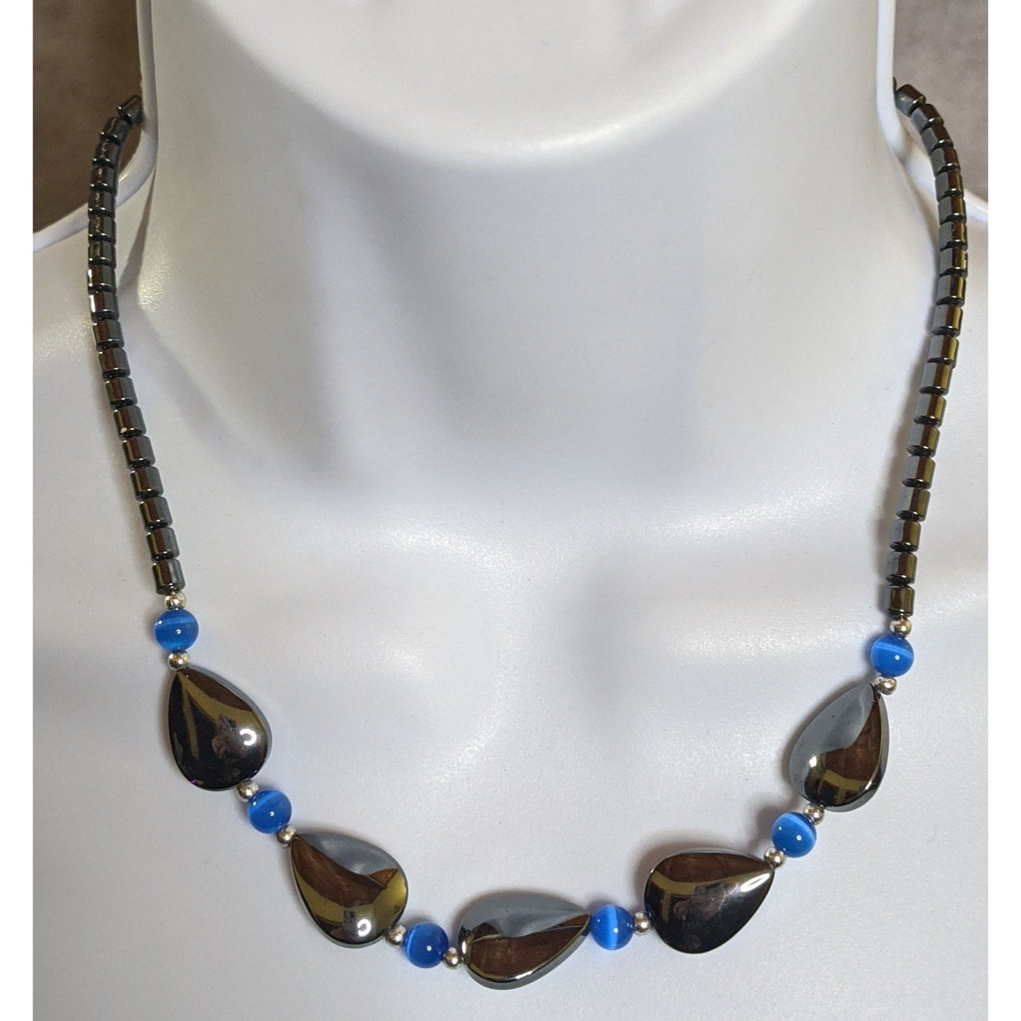 Hematite And Blue Glass Beaded Necklace With Teardrop Accents
