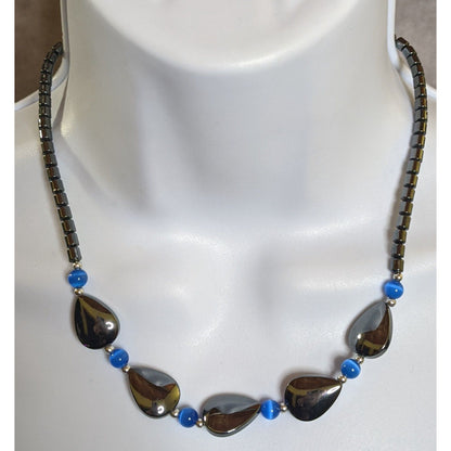 Hematite And Blue Glass Beaded Necklace With Teardrop Accents