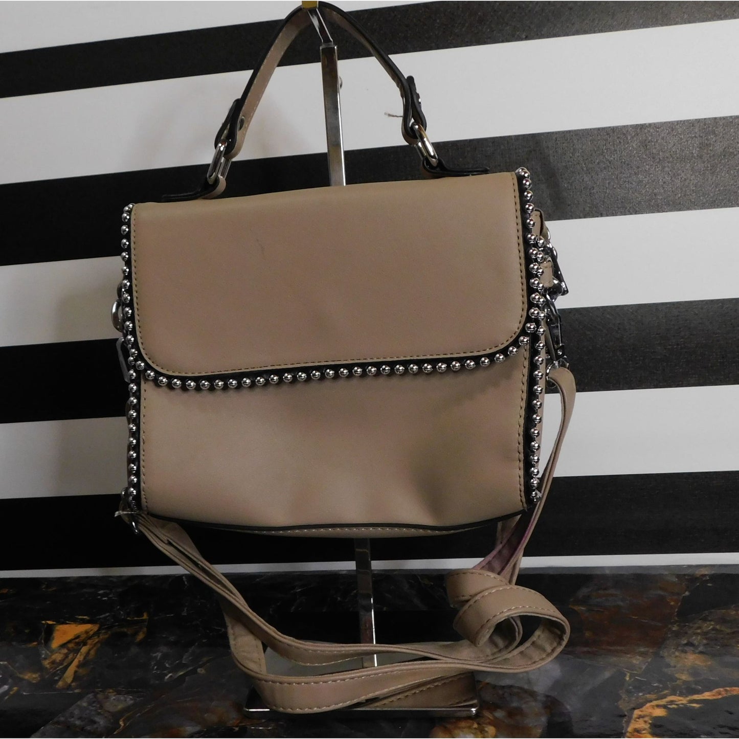 Eleganci Beige Faux Leather Crossbody Bag With Silver Studded Accents & Floral Lining