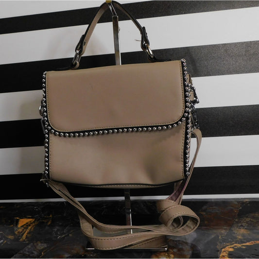 Eleganci Beige Faux Leather Crossbody Bag With Silver Studded Accents & Floral Lining