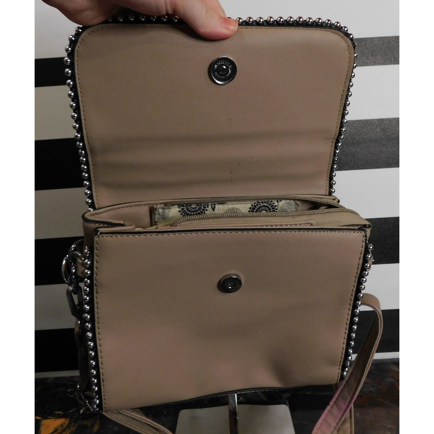 Eleganci Beige Faux Leather Crossbody Bag With Silver Studded Accents & Floral Lining