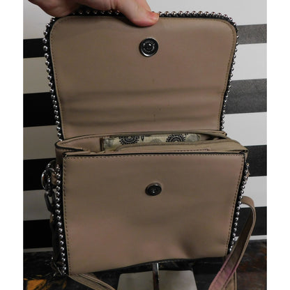 Eleganci Beige Faux Leather Crossbody Bag With Silver Studded Accents & Floral Lining