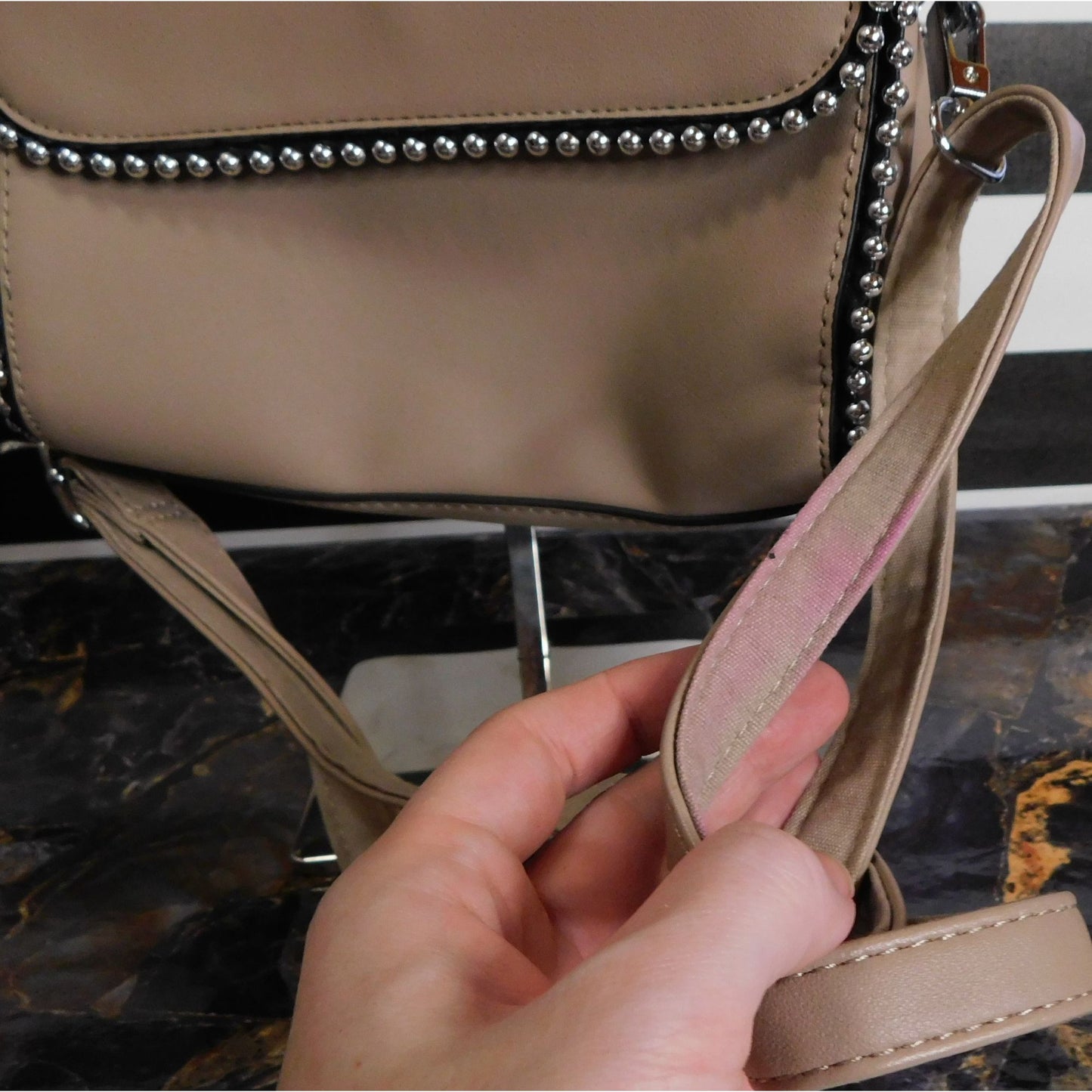 Eleganci Beige Faux Leather Crossbody Bag With Silver Studded Accents & Floral Lining