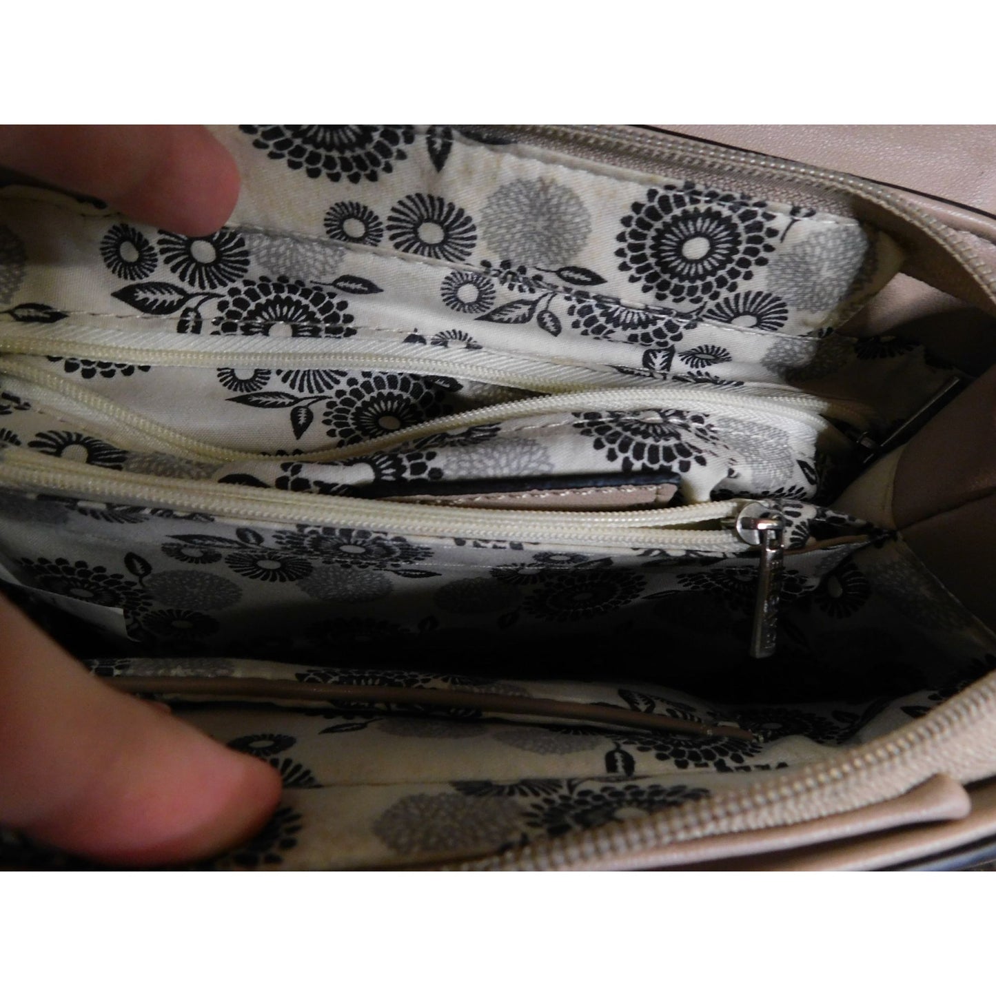 Eleganci Beige Faux Leather Crossbody Bag With Silver Studded Accents & Floral Lining